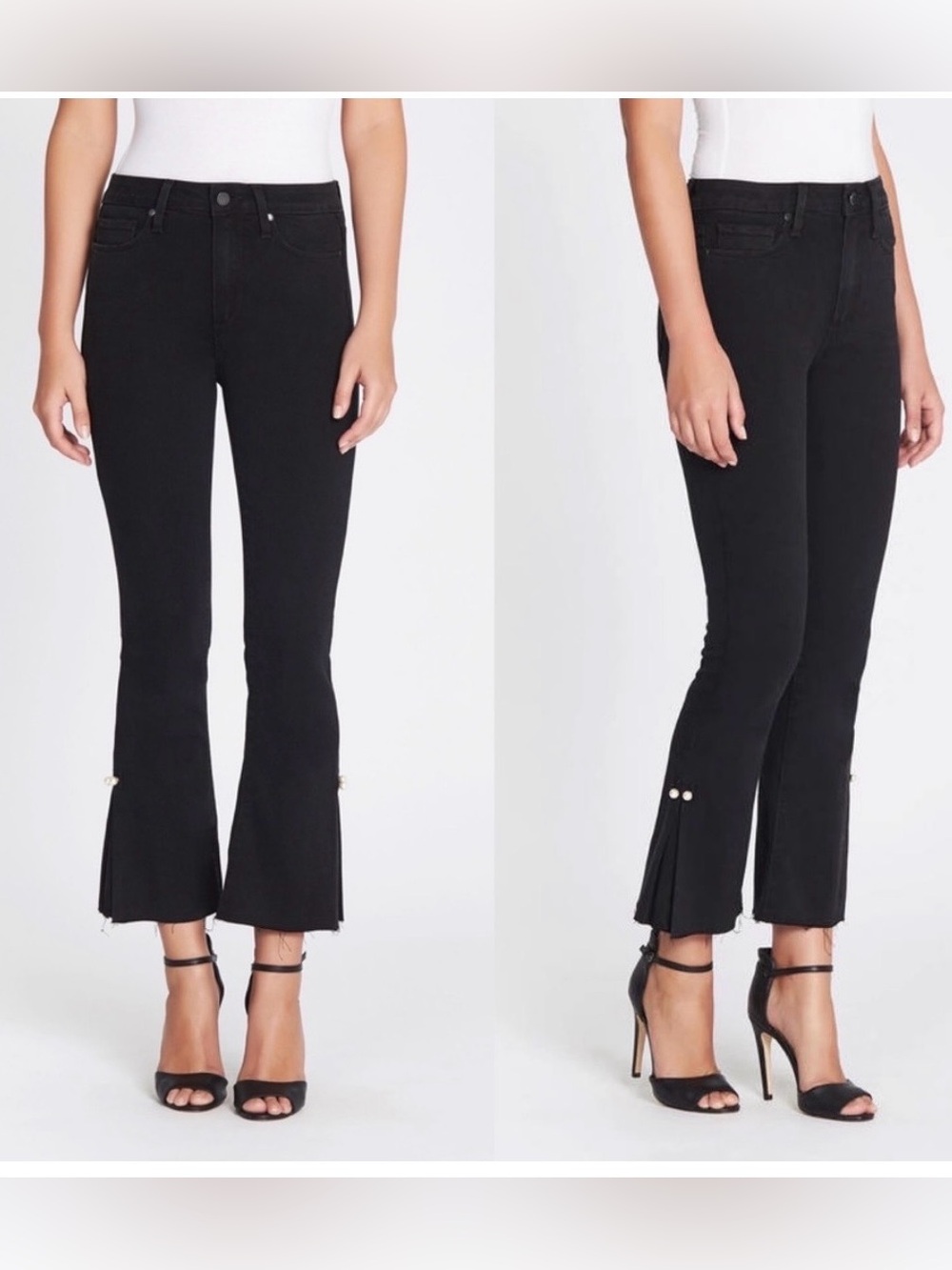 Paige Colette Crop Flare Jeans With Pearl Cufflinks in Bandit Black Size 30